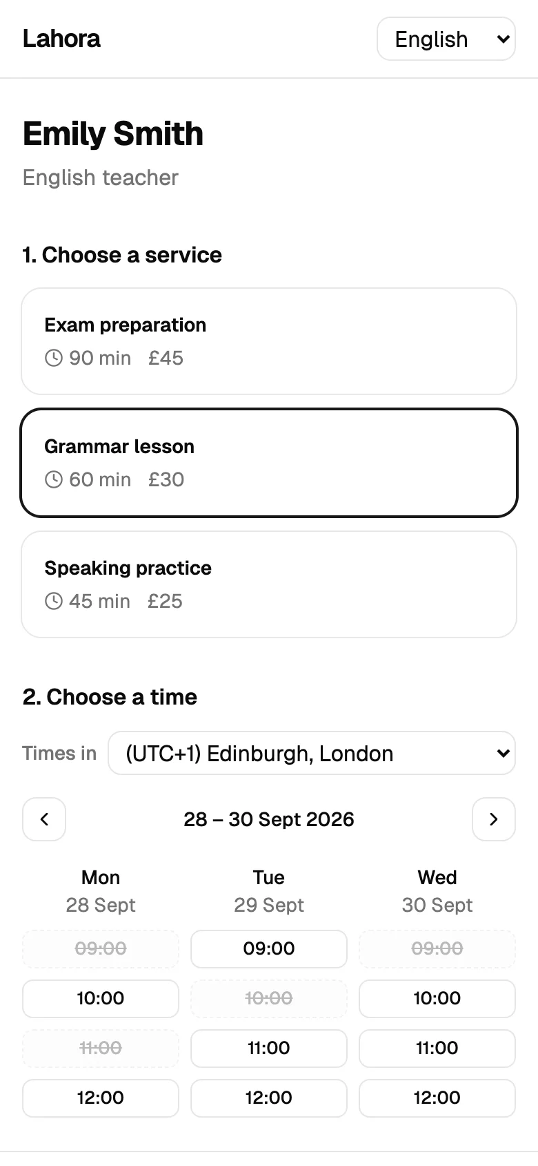 A client choosing a free time on the booking page on a phone